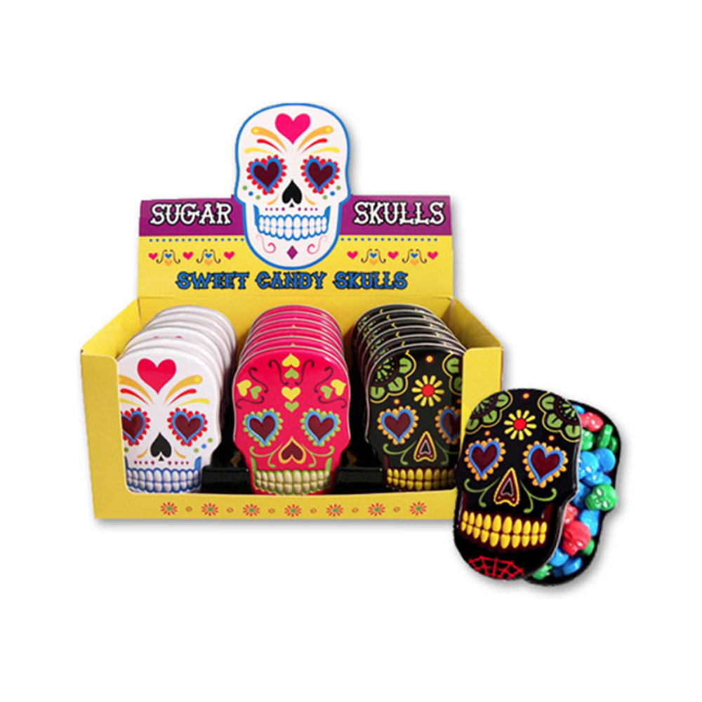 SUGAR SKULLS TIN SWEET CANDY SHAPED SKULLS IN DISPLAY 18/1.5oz