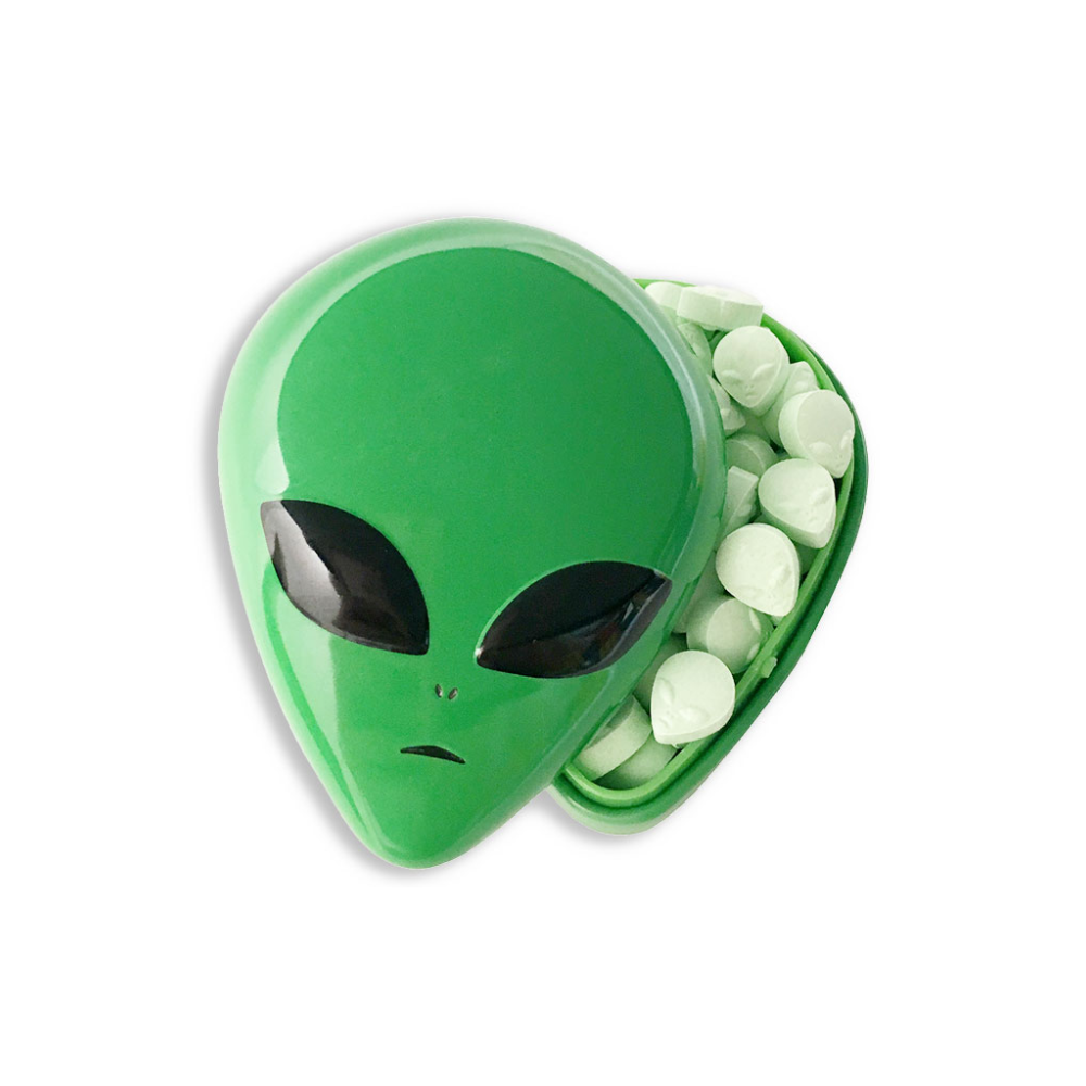 ALIEN HEAD TIN W/ GREEN APPLE SOURS IN DISPLAY 12/1oz