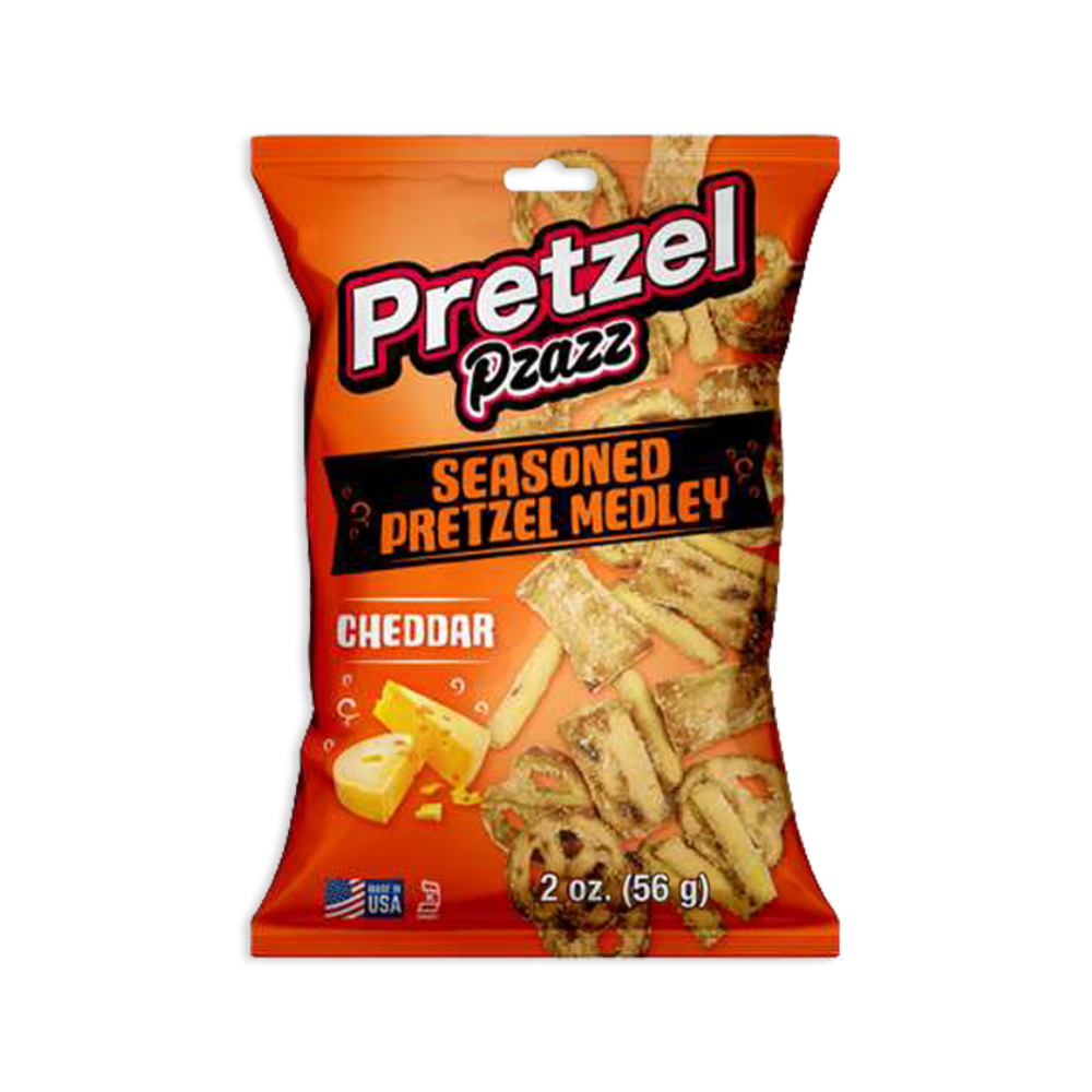 PRETZEL PZAZZ SEASONED PRETZEL MEDLEY CHEDDAR CHEESE 12/56g