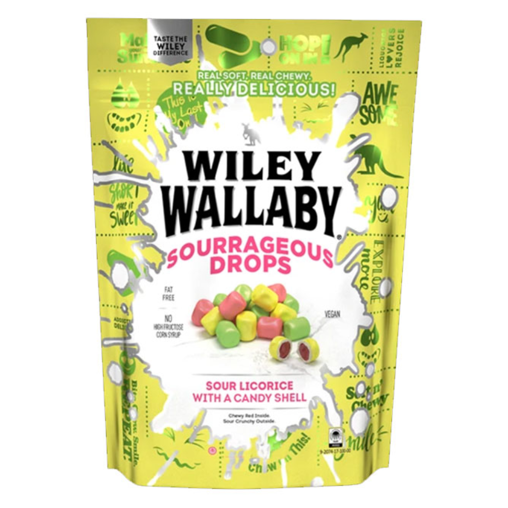 WILEY WALLABY LICORICE STAND UP PEG BAG - SOURRAGEOUS DROPS 12/6OZ