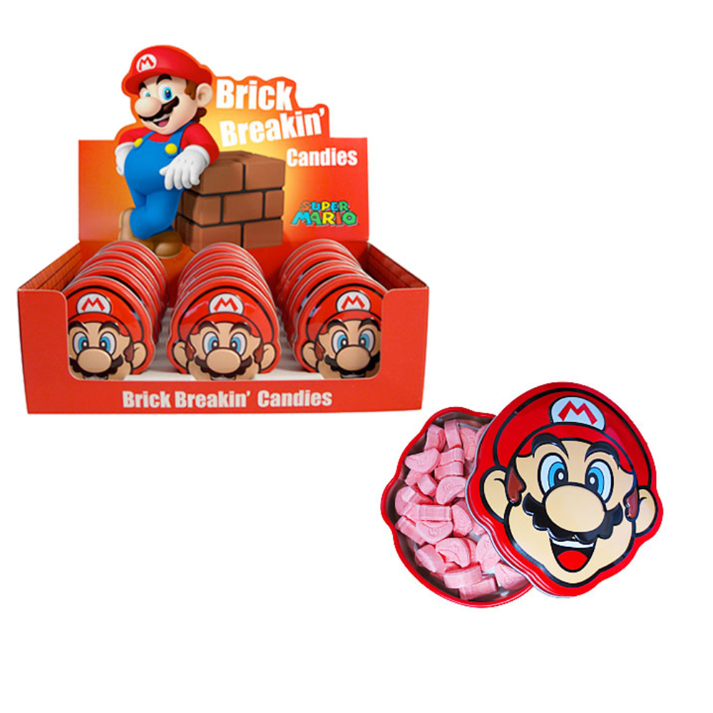 NINTENDO SUPER MARIO BRCK BREAKIN TIN W/CHRY CANDY IN DISPLY 18/.6OZ