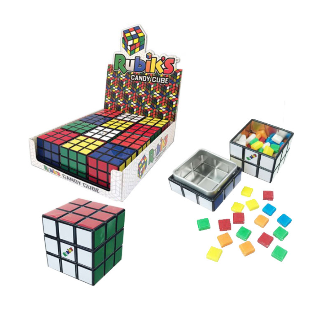 RUBIKS CUBE TIN W/ FRUIT SOURS IN DISPLAY 12/1.5OZ