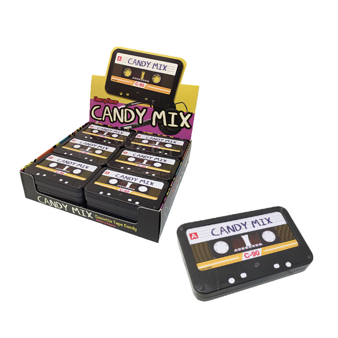 CANDY MIX CASSETTE TAPE TIN W/ CHERRY CANDY IN DISPLAY 18/1.3oz